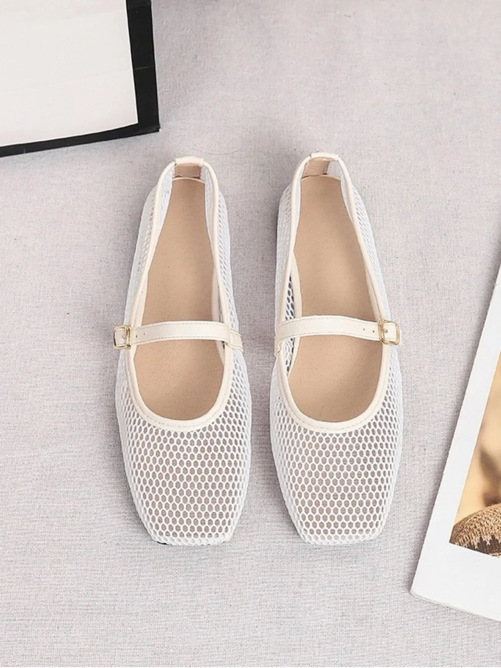Neutral Beige Mary Jane Mesh Flats with Adjustable Strap